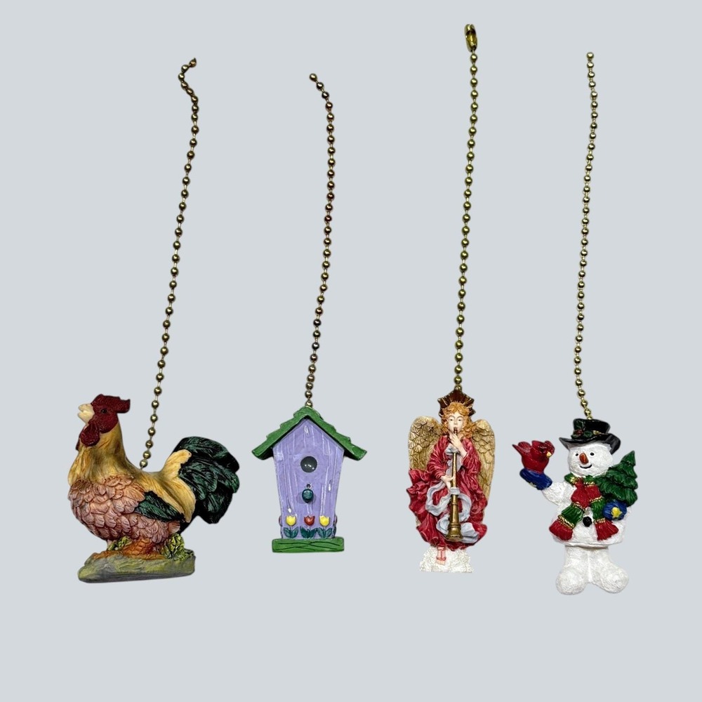 Ceiling Fan Pulls (4) Rooster Angel Birdhouse Snowman Resin Attached Chain